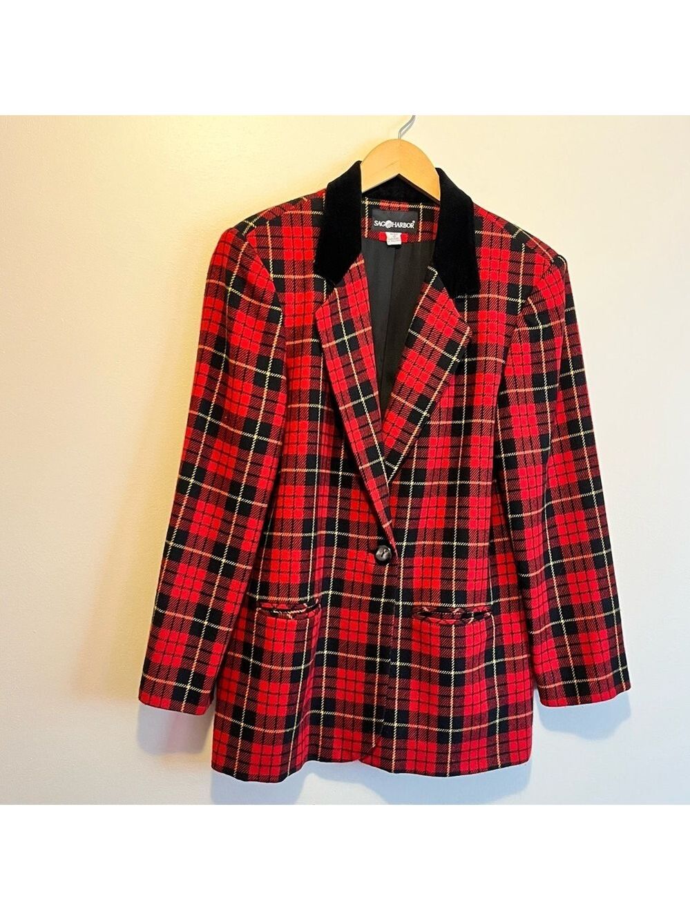 Vintage Sag Harbor Tartan Plaid Wool Blend Blazer Jacket Academia Collegiate Lg - Picture 2 of 10